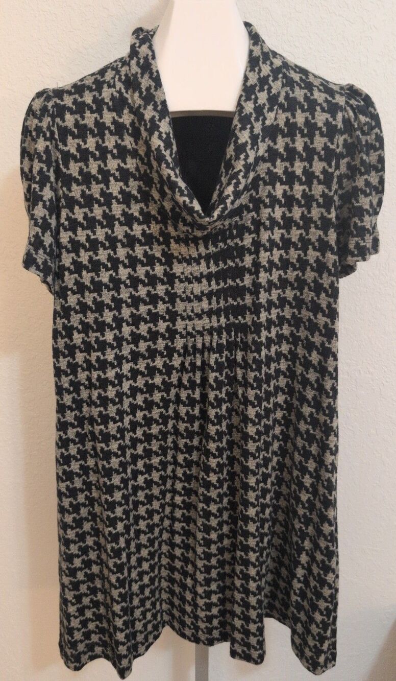 Jessica Howard Womens 16 Knit Black Gray Houndstooth Cowl Lined Sweater Dress